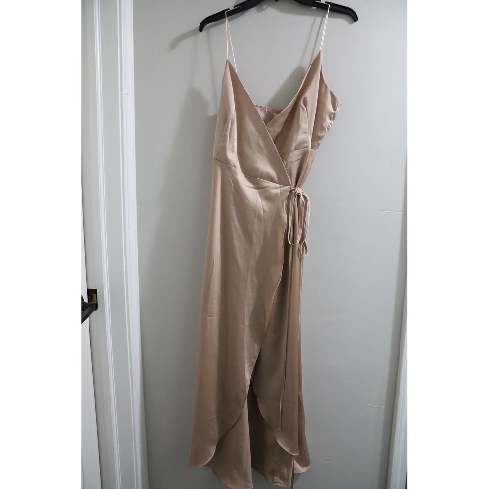 Showpo Champagne Satin Wrap Maxi Dress Spaghetti Strap High Low Hem Size 8